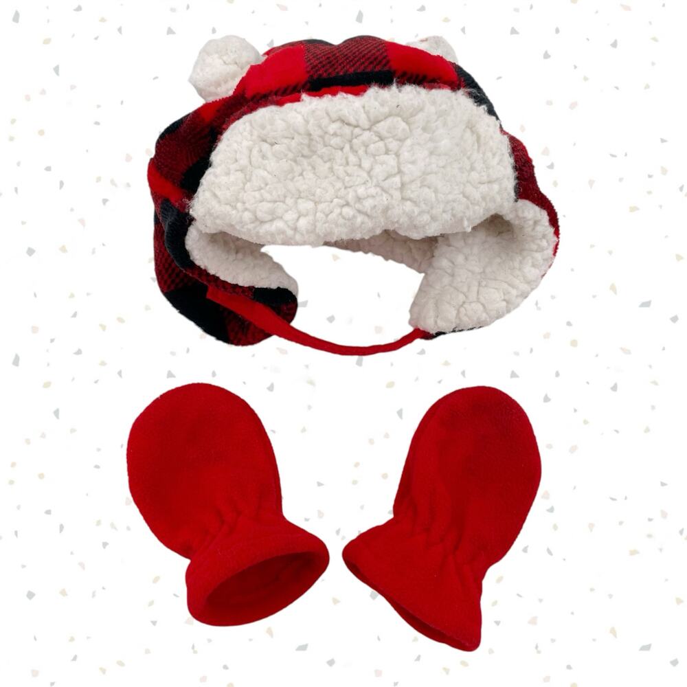 Buffalo Plaid Baby Trapper Hat Fleece Lined Checked Cozy Winter Glove Set 6-12m